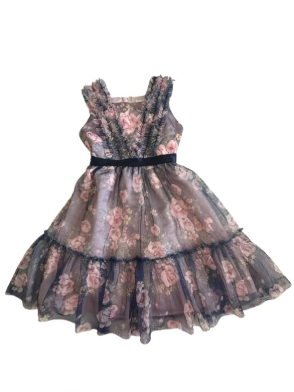 Kensie Girl Size 12 Pink Floral on Navy Tiered Ruffle Formal Dress Fully Lined